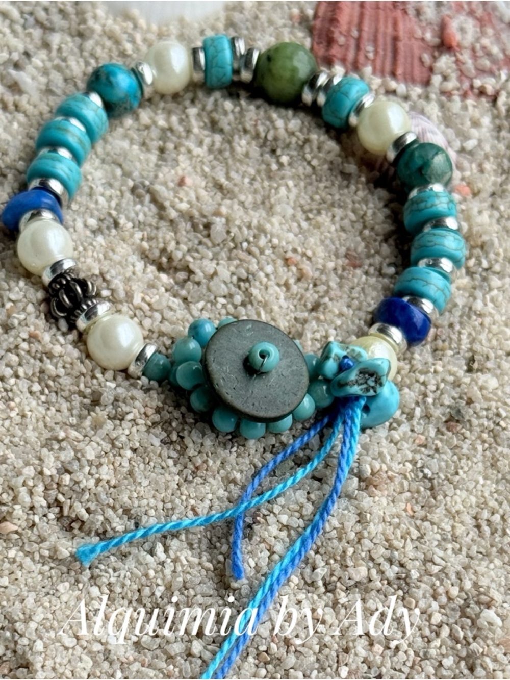 Jade lapis Turquoise and Blue Beaded Bracelet with Pearl Accents